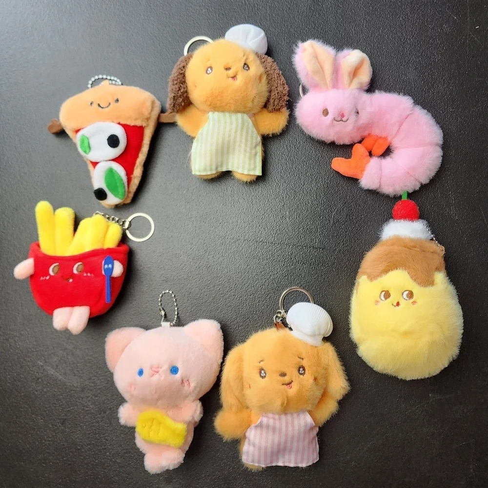 Unbranded Small Multicolor Food Animal Plush Keychain Set Kawaii Bag Charm 7pc